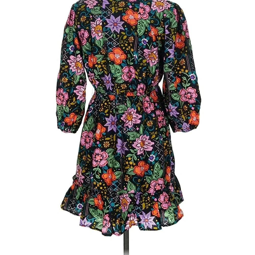 Avara Elena Floral Belted 3/4 Sleeve Mini Dress Black Multicolor Size XS - Picture 3 of 16